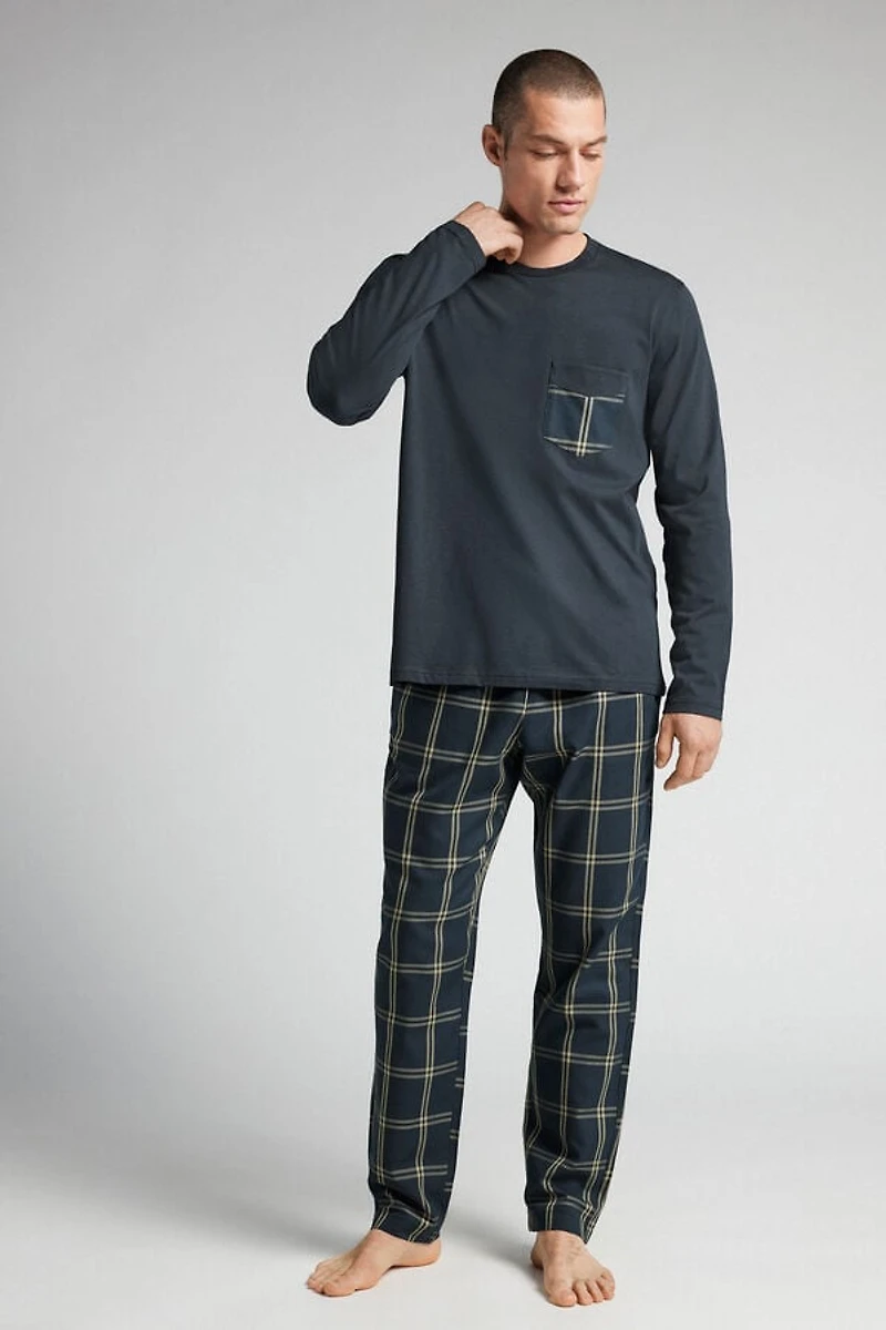 Cotton and Check Print Cloth Full Length Pajamas