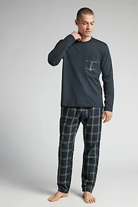 Cotton and Check Print Cloth Full Length Pajamas