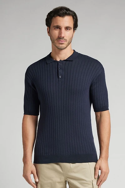 Ribbed Cotton Short Sleeve Knit Polo Shirt