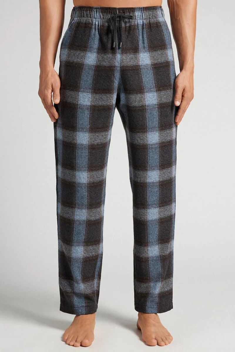 Blue Check Print Full Length Knit Pants
