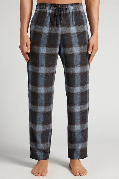 Blue Check Print Full Length Knit Pants