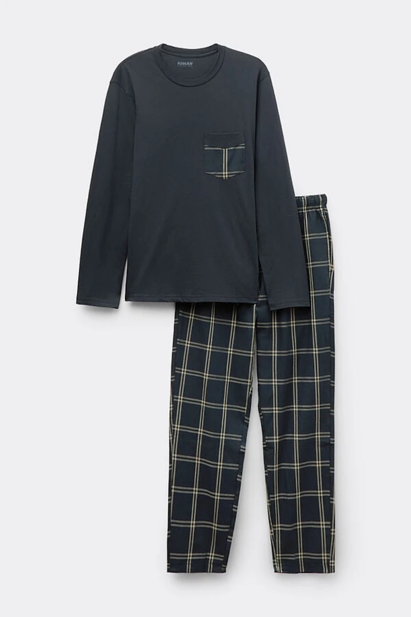 Cotton and Check Print Cloth Full Length Pajamas
