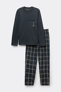Cotton and Check Print Cloth Full Length Pajamas