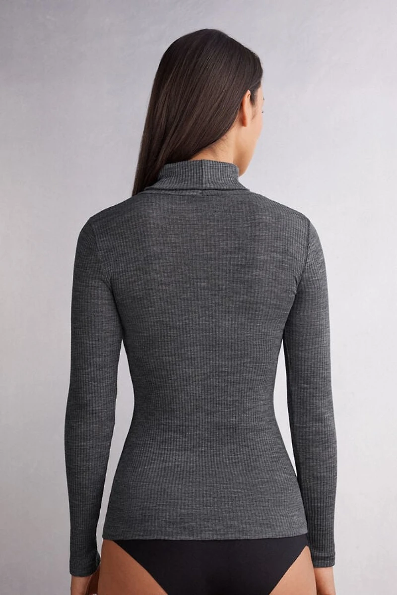 Long-sleeve High-Neck Tubular Top Wool and Silk