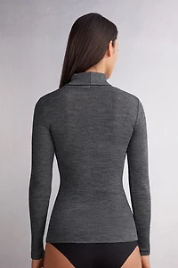 Long-sleeve High-Neck Tubular Top Wool and Silk