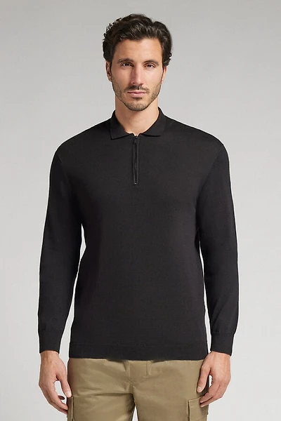 Zip Long Sleeve Knit Polo Shirt