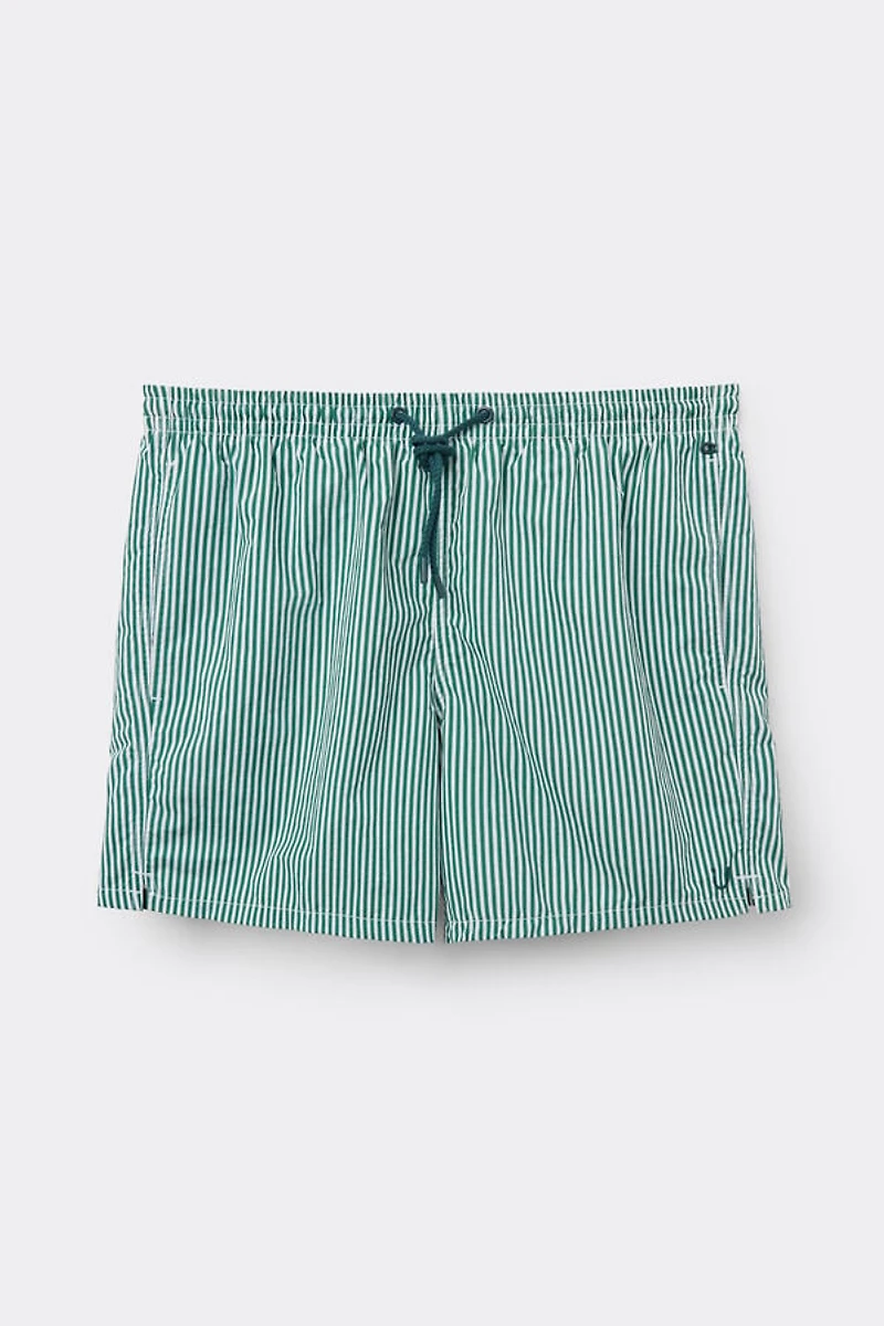 Green Stripe Print Swim Trunks