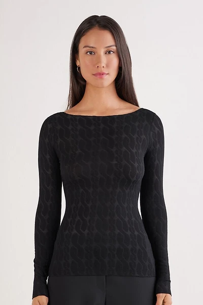 Cable Knit Bateau Neck Top Ultralight with Cashmere