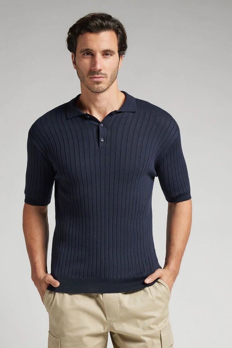 Ribbed Cotton Short Sleeve Knit Polo Shirt