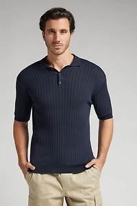 Ribbed Cotton Short Sleeve Knit Polo Shirt