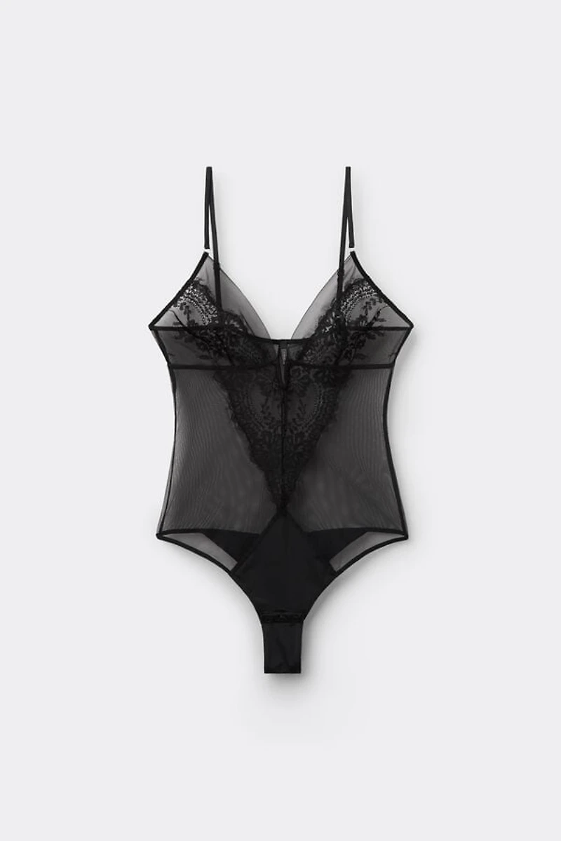 Sheer Glamour Tulle and Lace Bodysuit