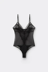 Sheer Glamour Tulle and Lace Bodysuit
