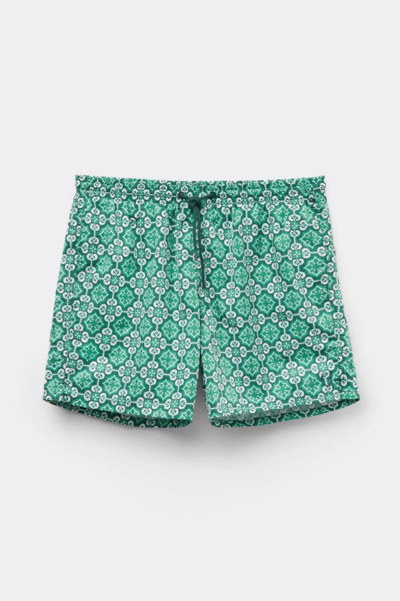 Aqua Green Majolica Print Swim Trunks