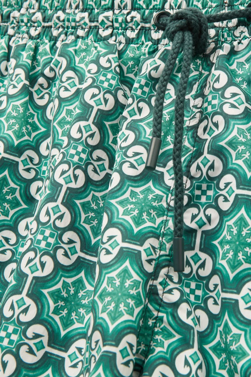 Aqua Green Majolica Print Swim Trunks