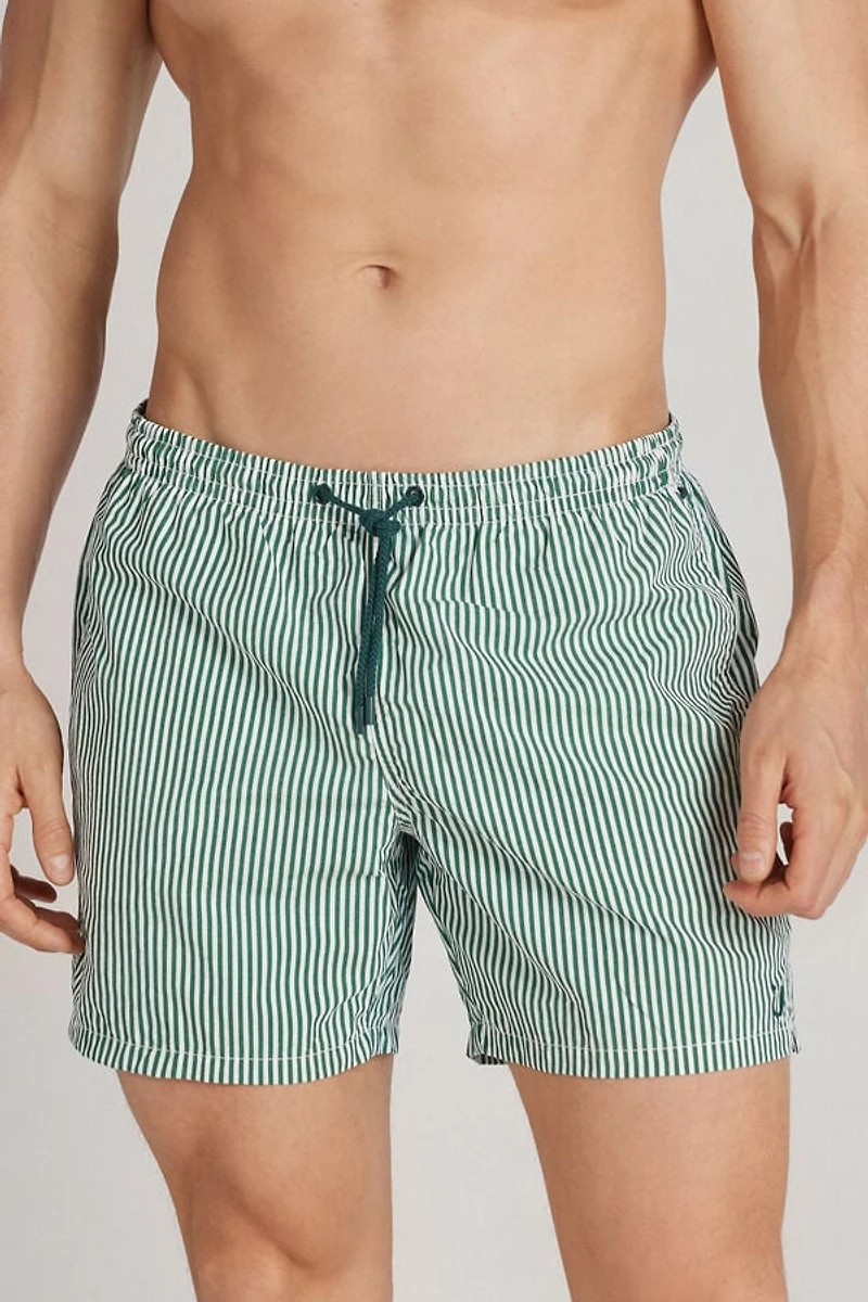 Green Stripe Print Swim Trunks