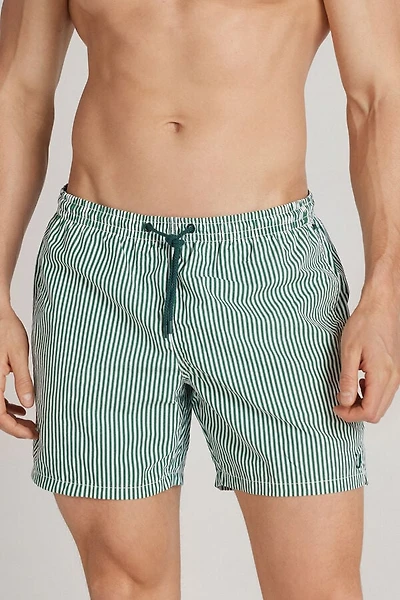 Green Stripe Print Swim Trunks