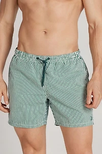 Green Stripe Print Swim Trunks
