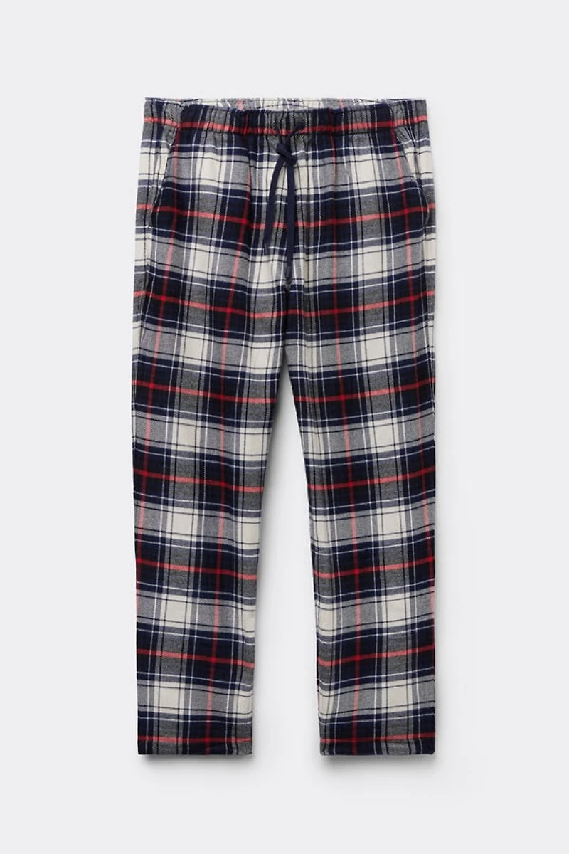 Brushed Check Print Cotton Full Length Pants