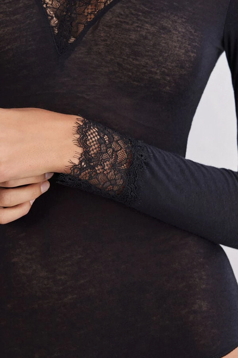 Long Sleeve Bodysuit Ultralight Modal with Cashmere and Lace