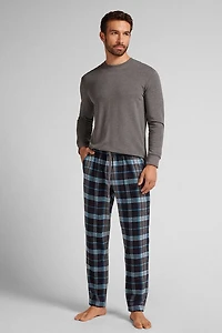 Black and Light Blue Check Print Brushed Cotton Cloth Pants