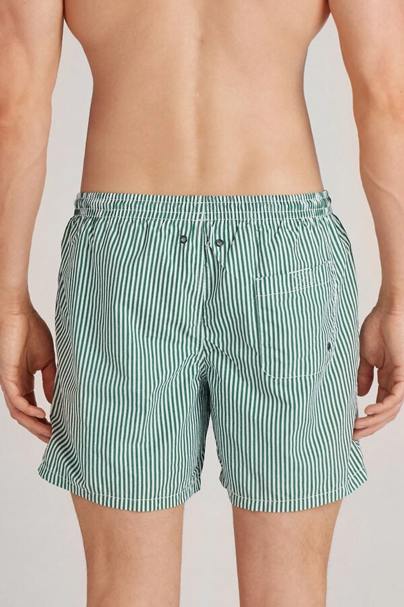 Green Stripe Print Swim Trunks