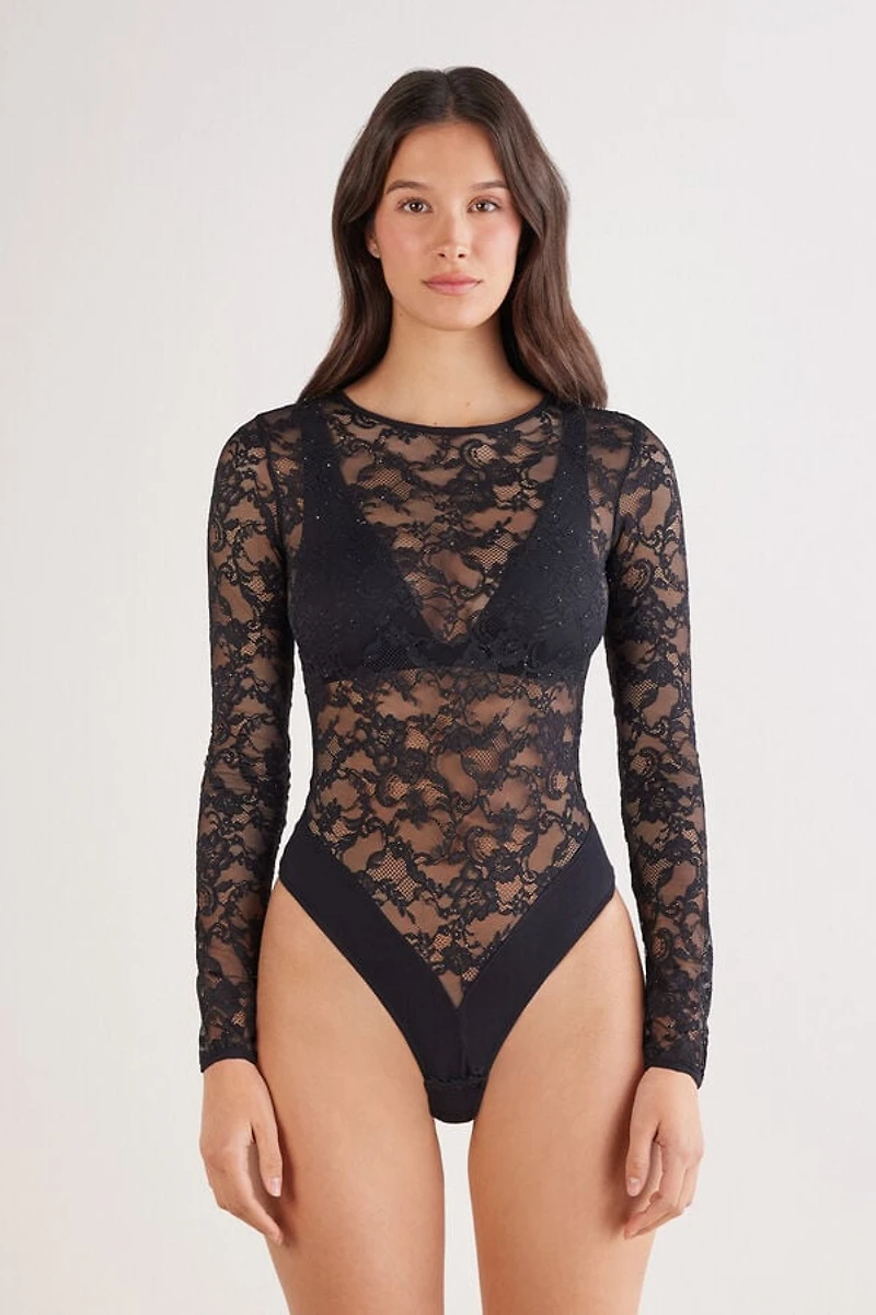 Glimmer of Pleasure Long Sleeve Lace Bodysuit