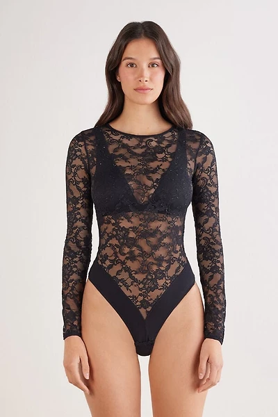 Glimmer of Pleasure Long Sleeve Lace Bodysuit