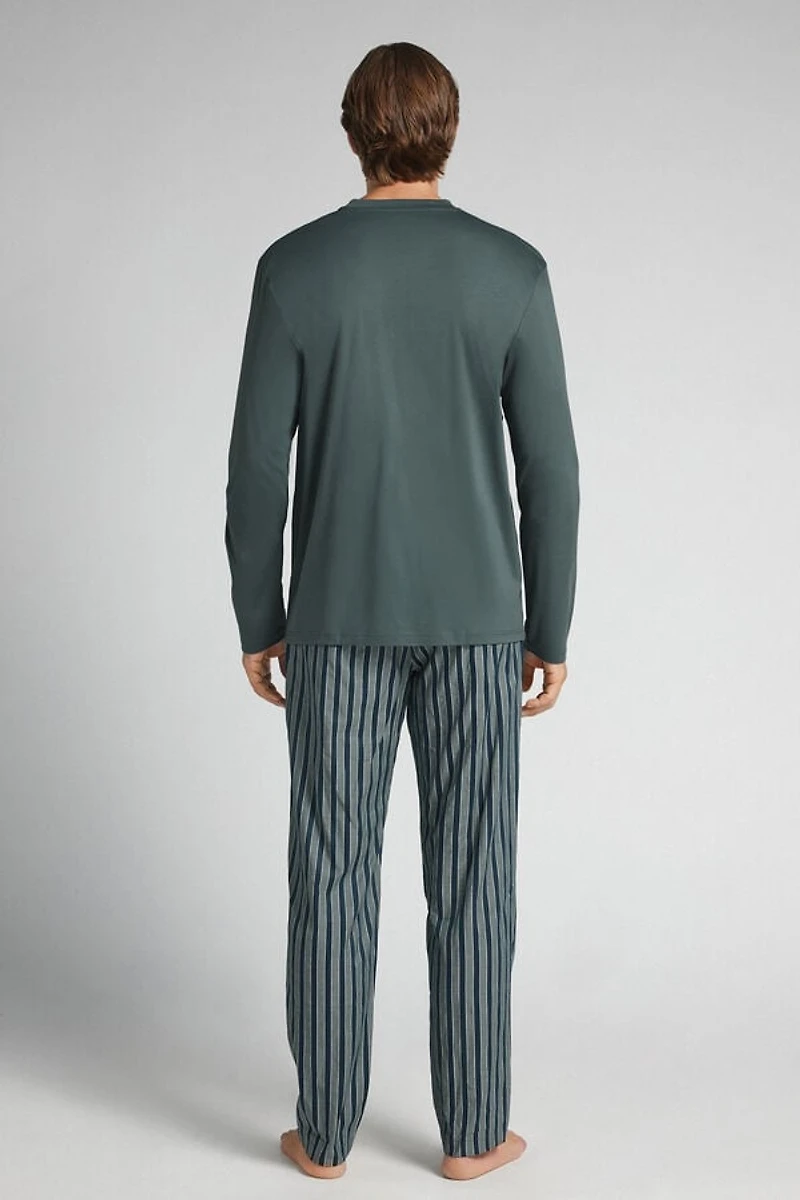 Premium Mercerized Cotton and Stripe Print Cloth Full Length Pajamas