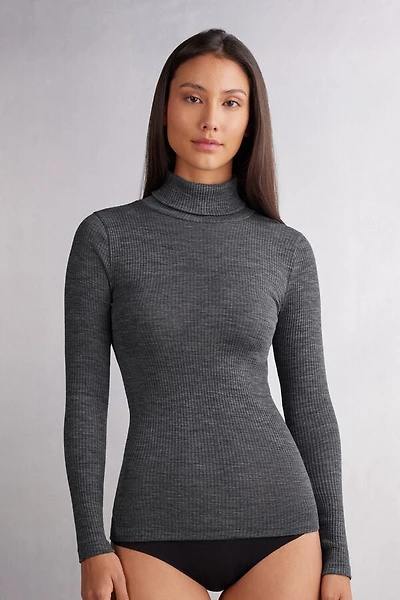 Long-sleeve High-Neck Tubular Top Wool and Silk