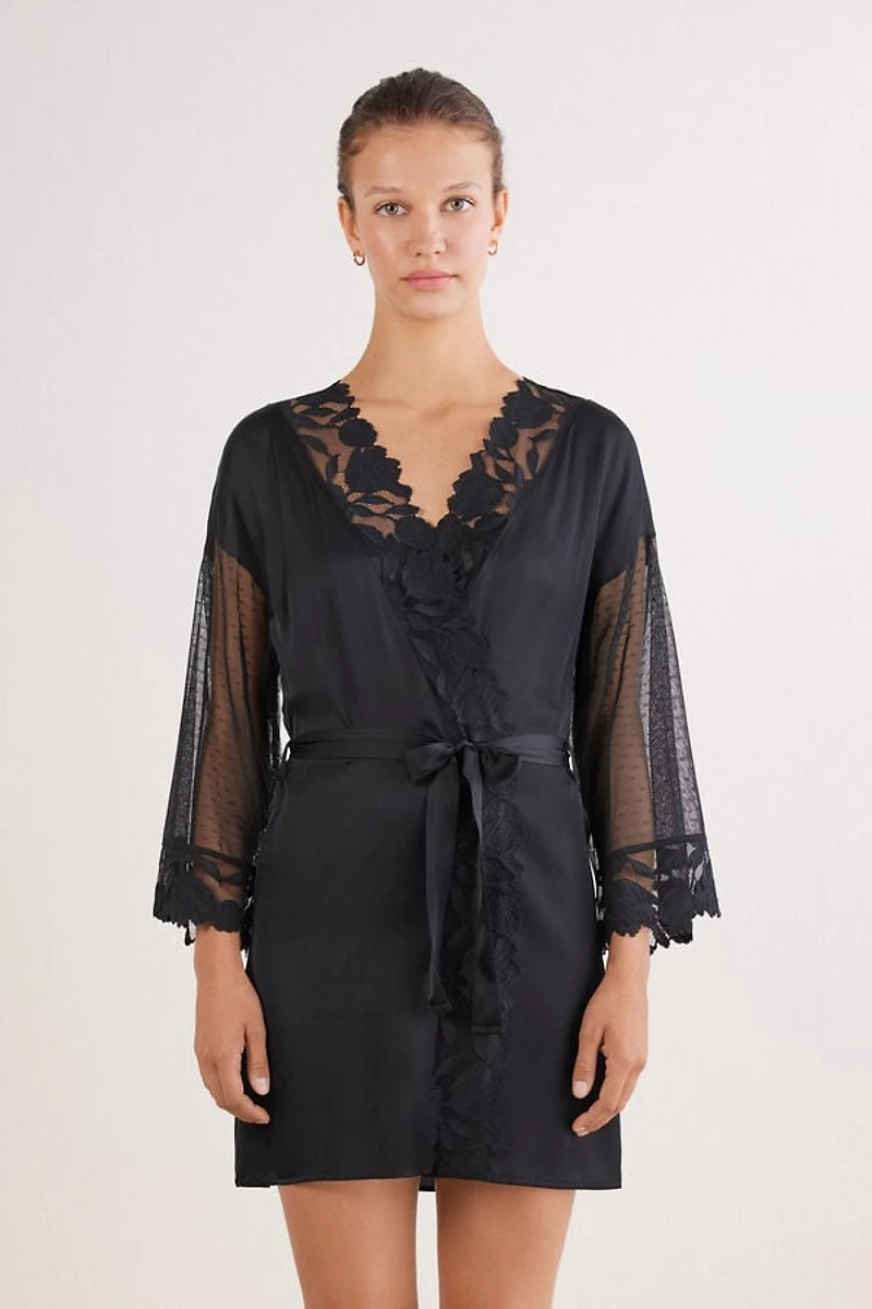 All About Flowers Viscose Satin and Tulle Kimono