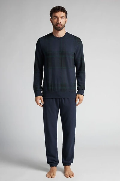 Macro-Check Print Full Length Knit Pajamas