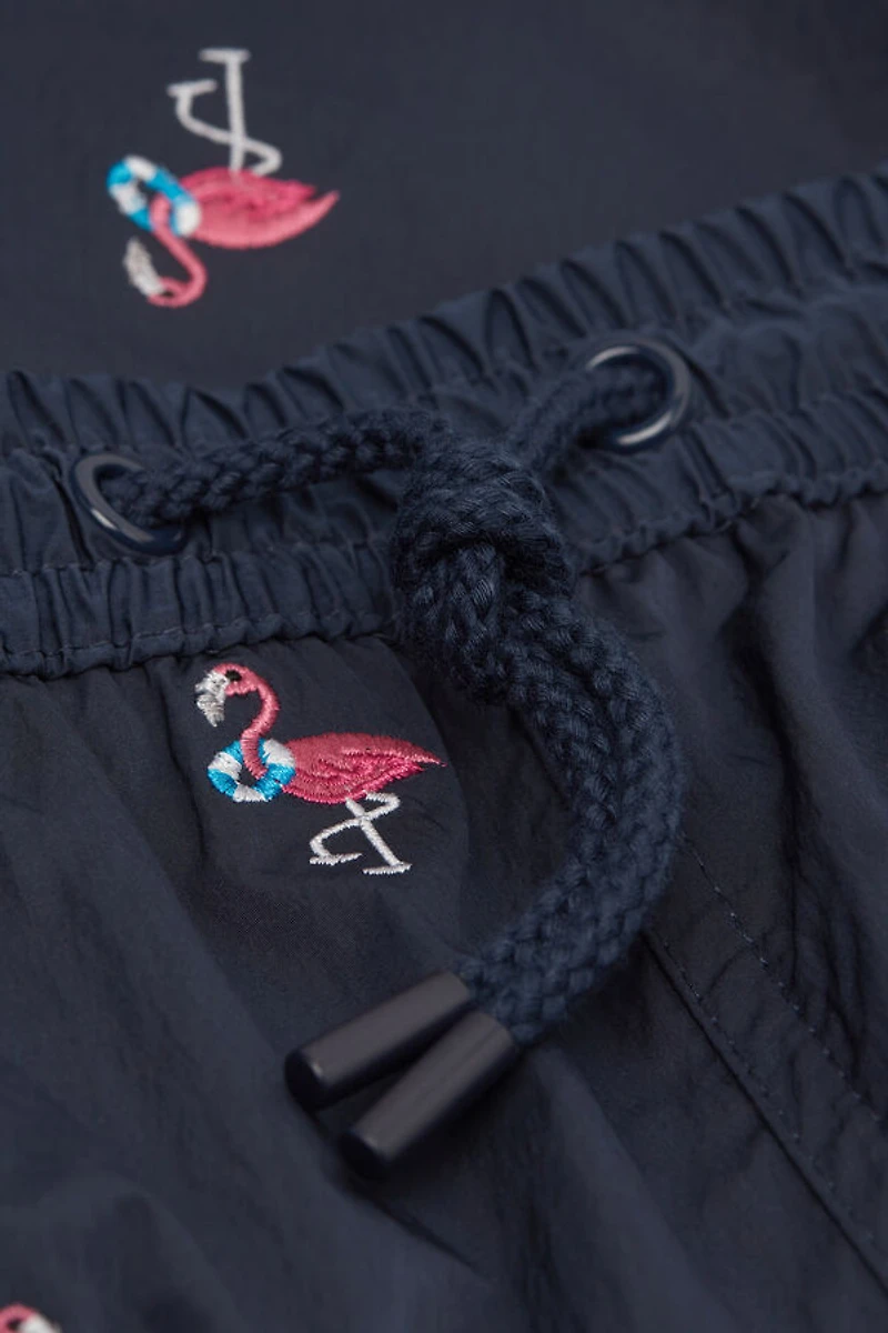 Embroidered Flamingo Swim Trunks