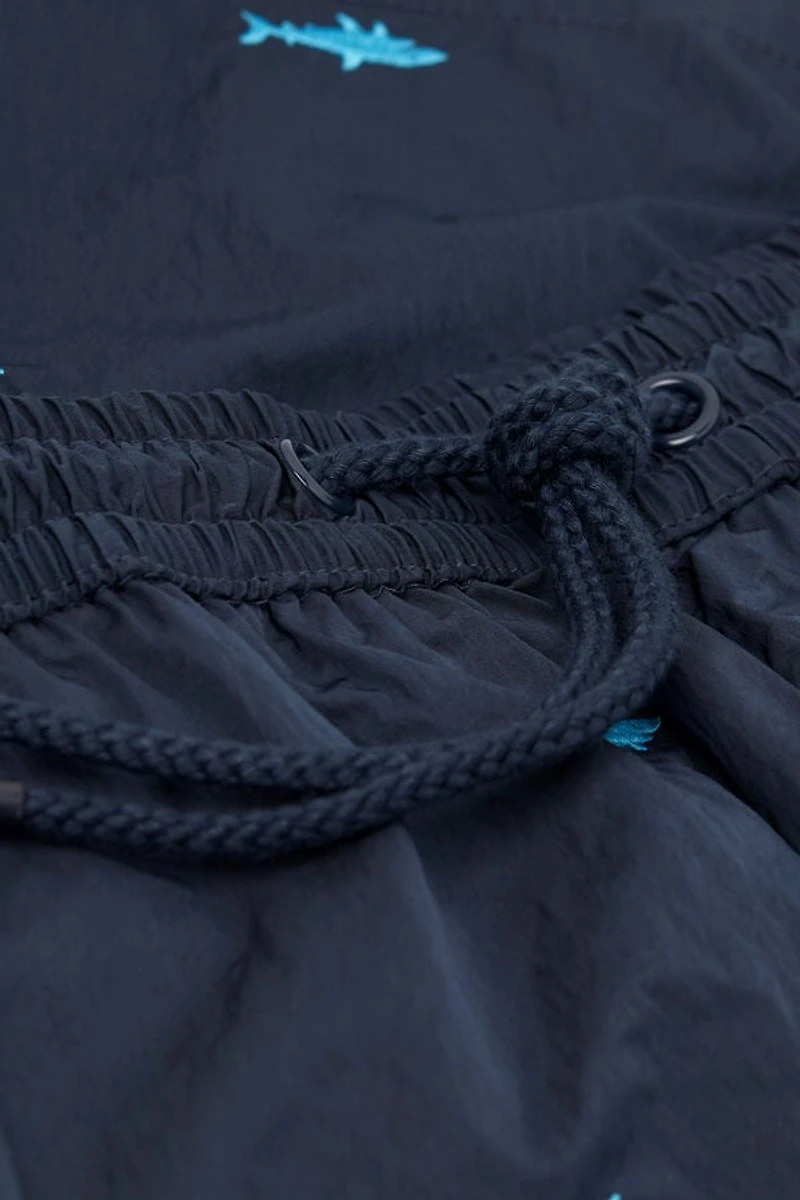 Embroidered Shark Swim Trunks
