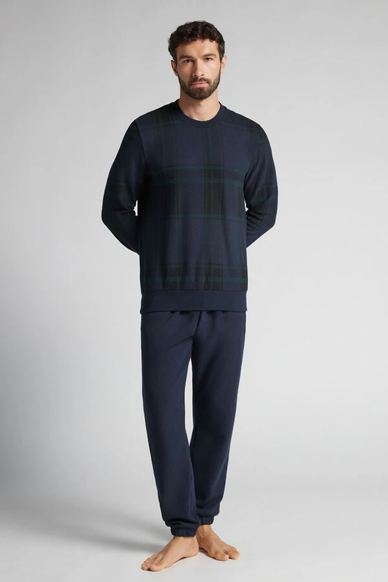 Macro-Check Print Full Length Knit Pajamas