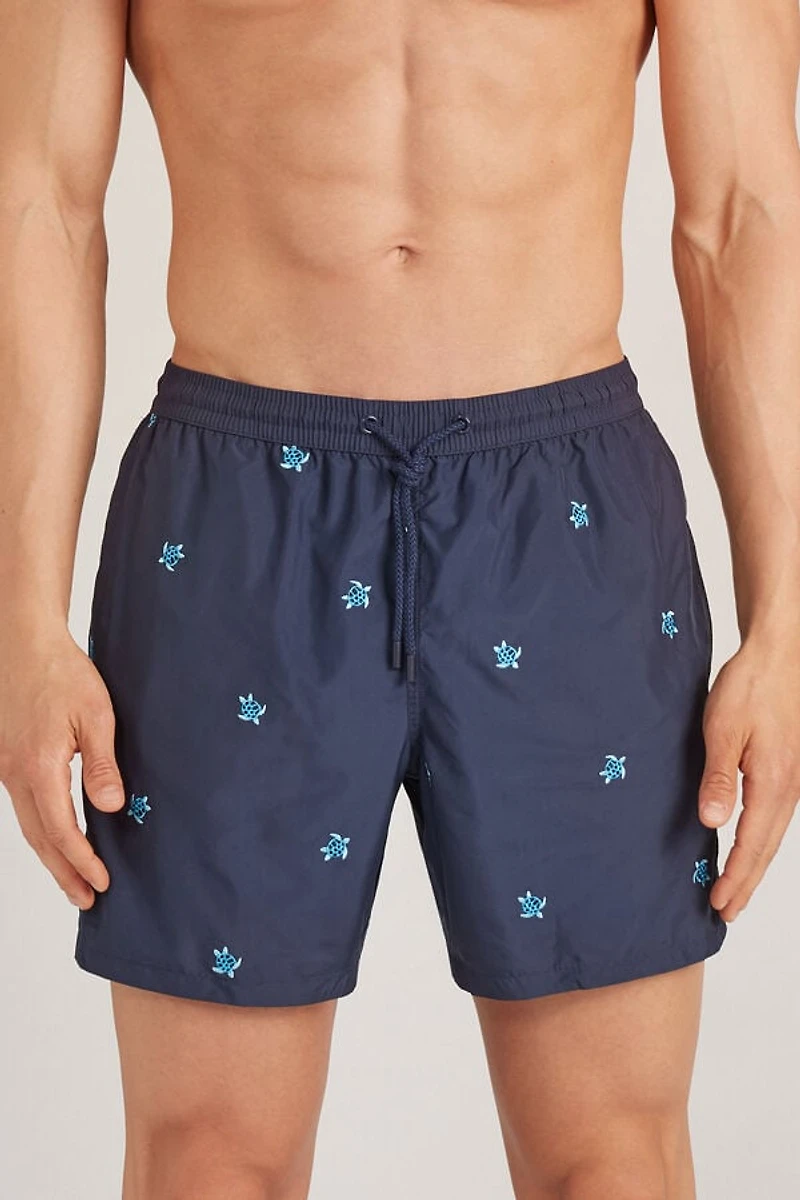 Embroidered Turtle Swim Trunks