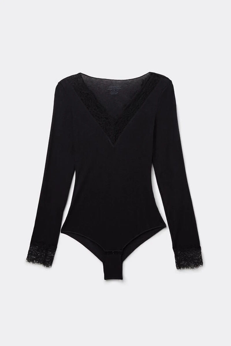 Long Sleeve Bodysuit Ultralight Modal with Cashmere and Lace