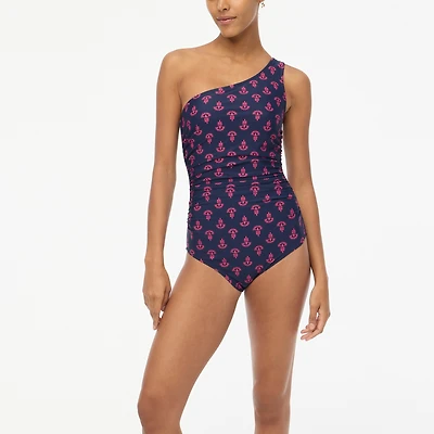 Printed ruched one-shoulder swimsuit