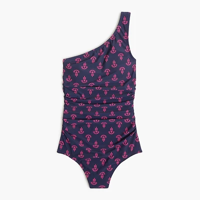 Printed ruched one-shoulder swimsuit