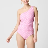 Printed ruched one-shoulder swimsuit