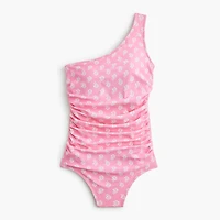Printed ruched one-shoulder swimsuit