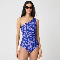 Printed ruched one-shoulder swimsuit