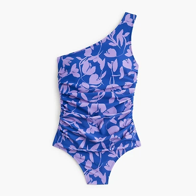 Printed ruched one-shoulder swimsuit