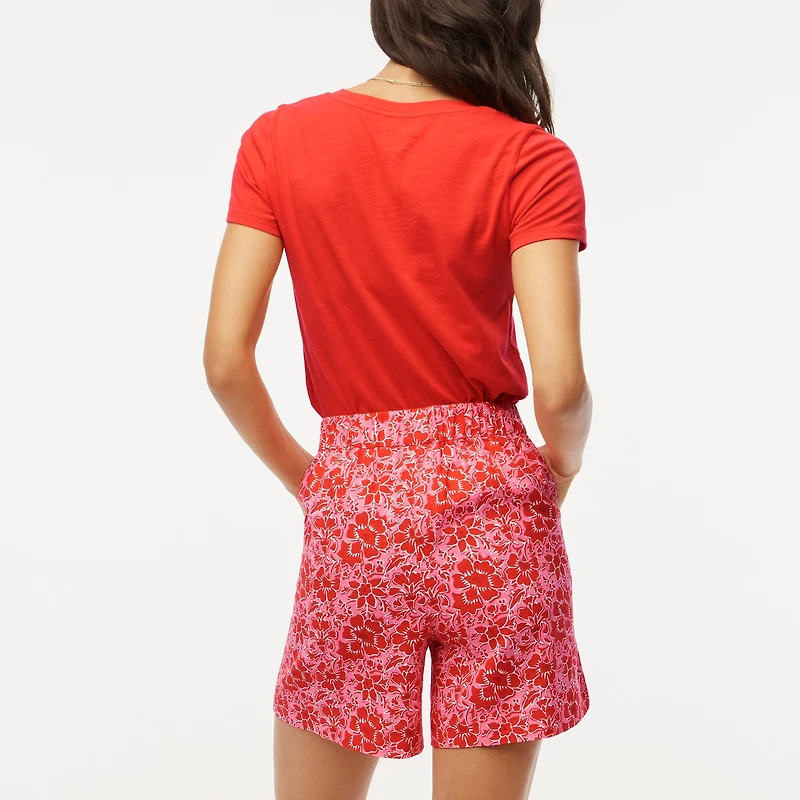 Printed elastic-back linen-blend pleated short