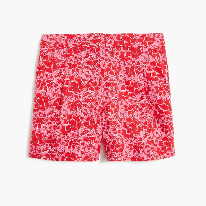 Printed elastic-back linen-blend pleated short