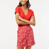 Printed elastic-back linen-blend pleated short