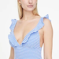 Seersucker ruffle-shoulder V-neck one-piece swimsuit