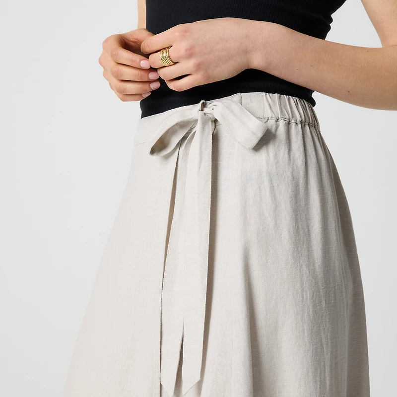 Linen-blend faux-wrap skirt