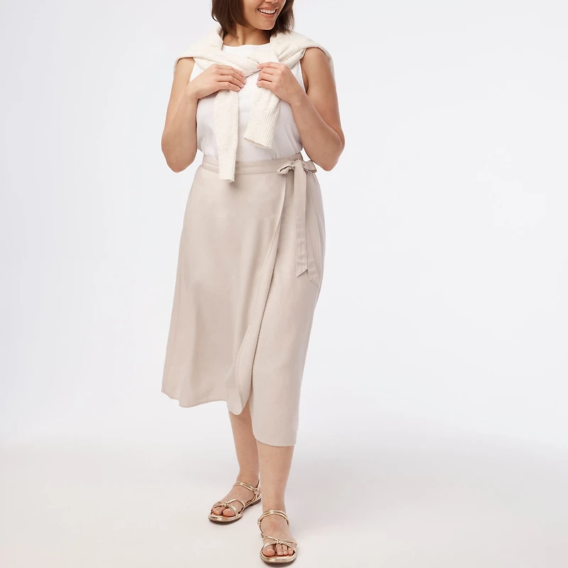 Linen-blend faux-wrap skirt