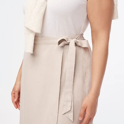 Linen-blend faux-wrap skirt