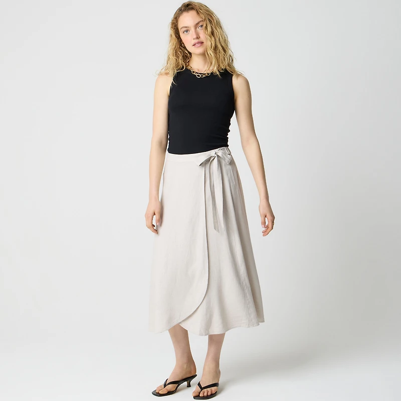 Linen-blend faux-wrap skirt